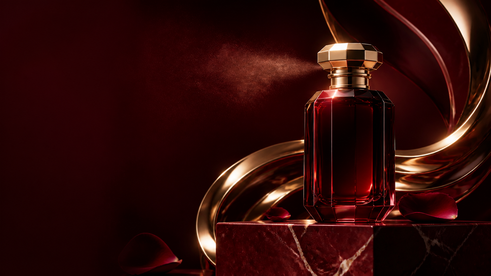 A ruby perfume bottle in flowing gold fabric