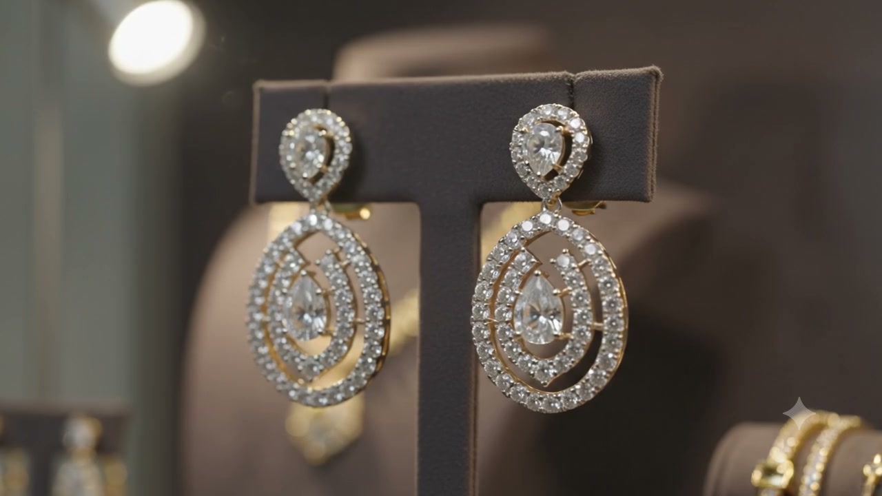 Pear-shaped diamond and gold drop earrings on a dark jewellery display