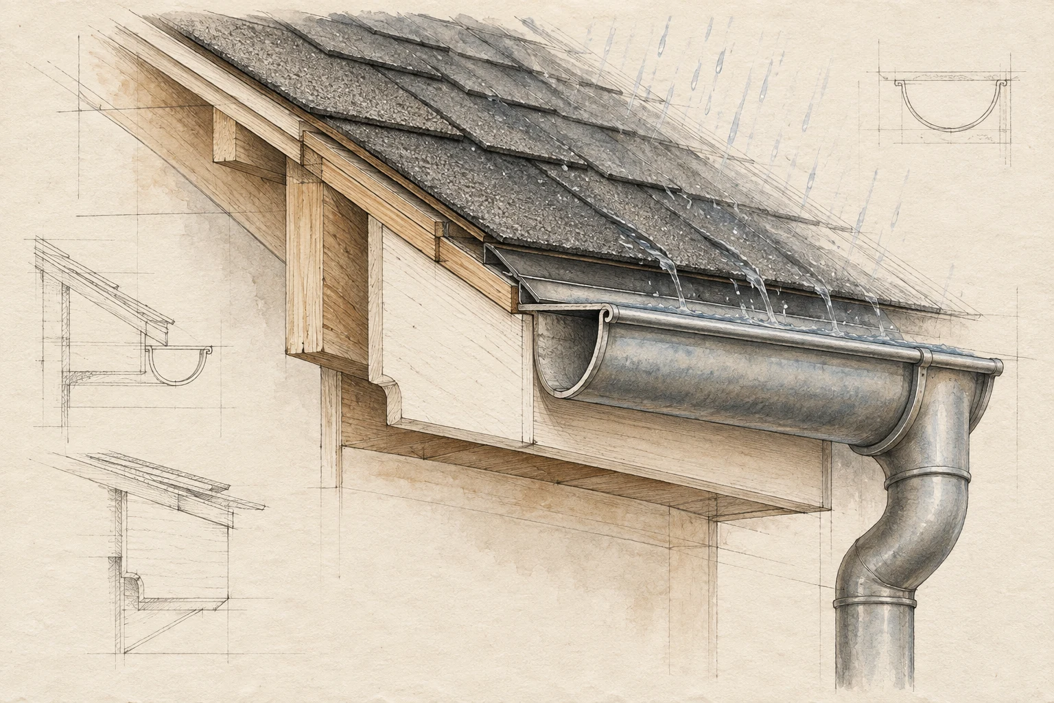 Concept sketch of a roof edge and gutter in rain