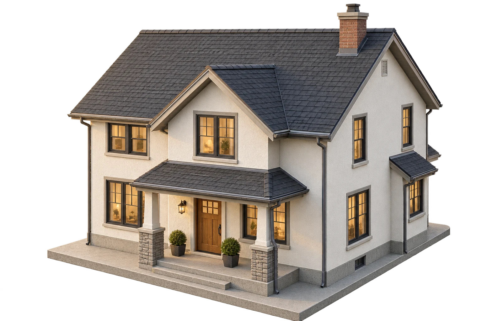 Dimensional house portrait with a detailed roof and warm interior lighting