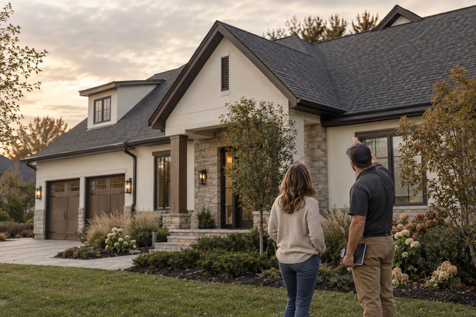 Illustrative scene of two people looking toward a roof from outside a home