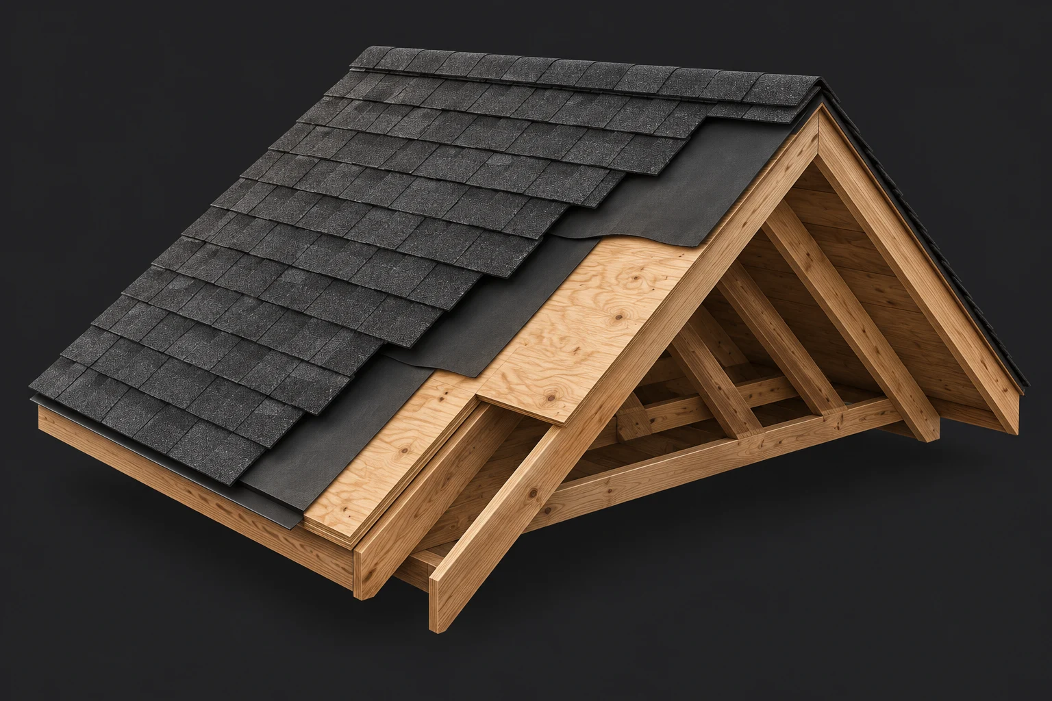 Concept cutaway showing roof framing, deck and shingles
