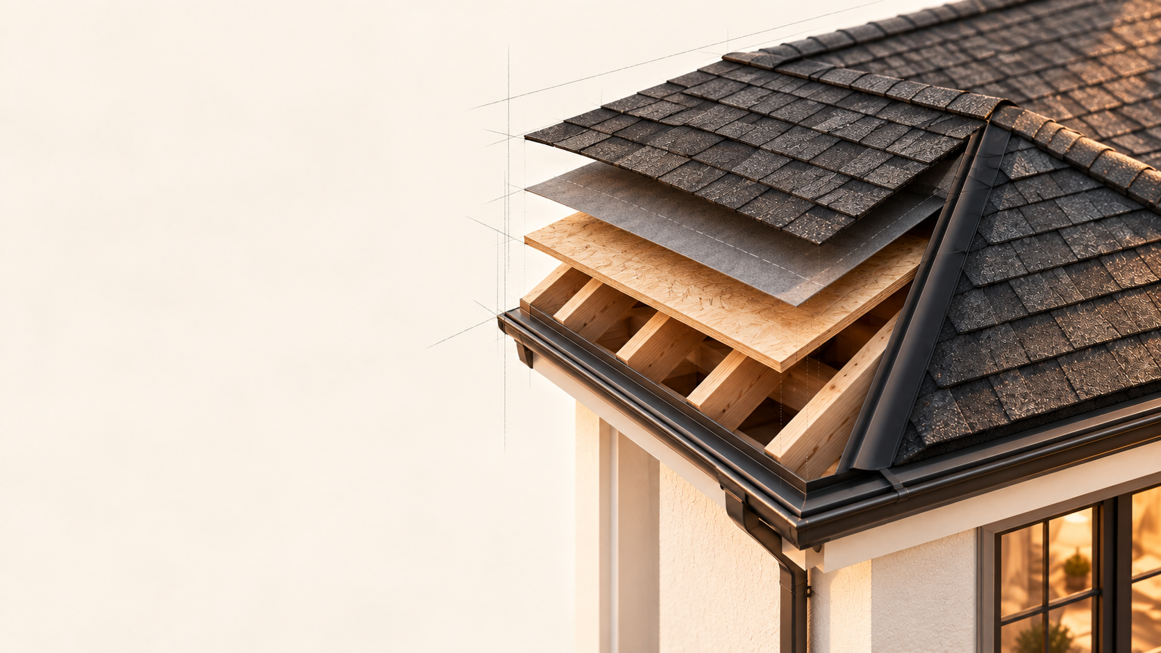 Concept roof with separated shingles, barrier, deck and framing