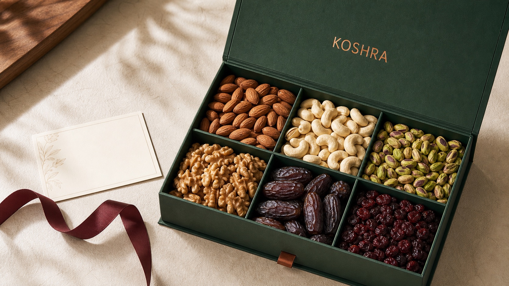 Open forest-green KOSHRA gift box filled with premium dry fruits