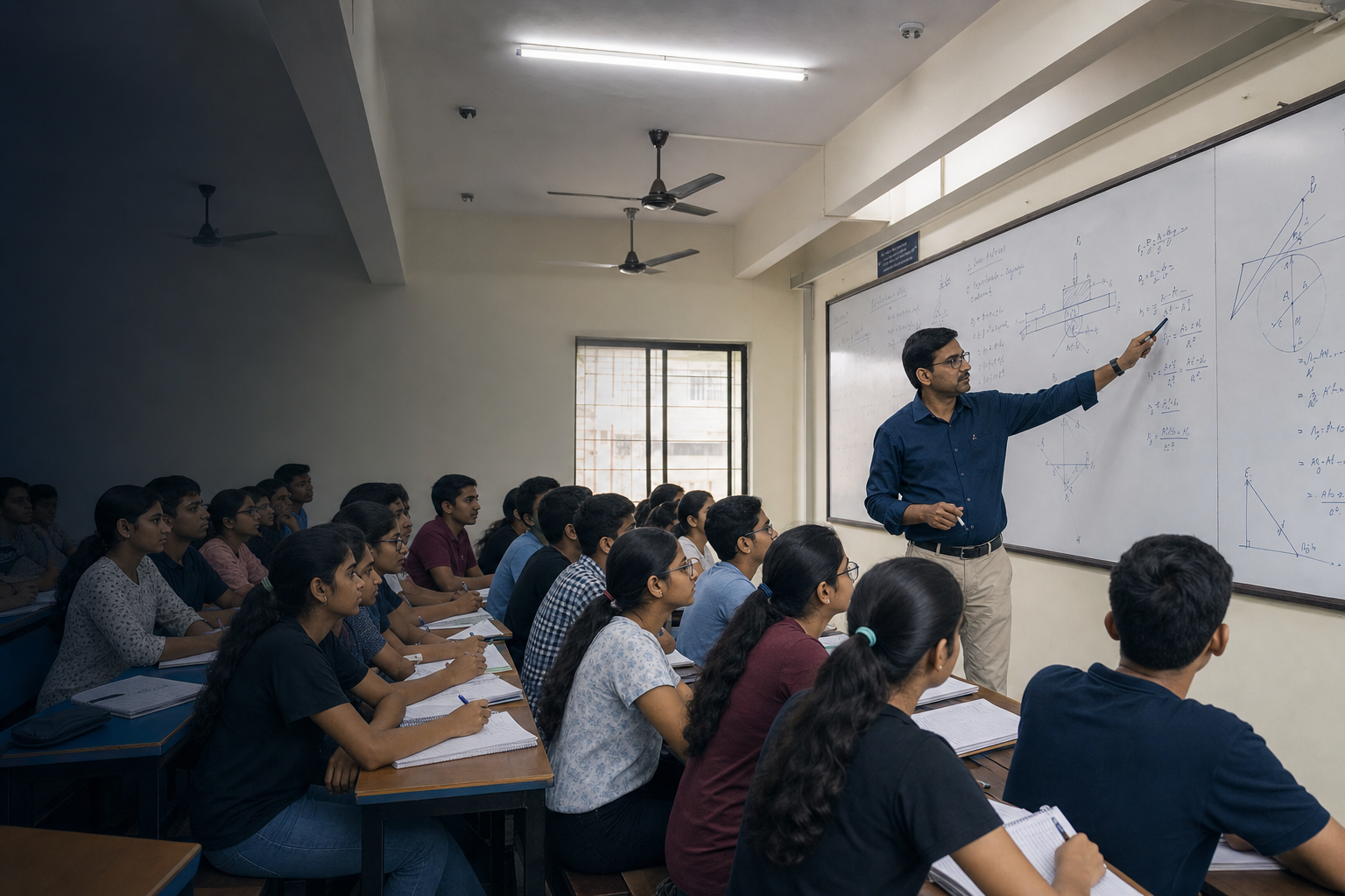 Indian coaching teacher explaining physics to a senior classroom