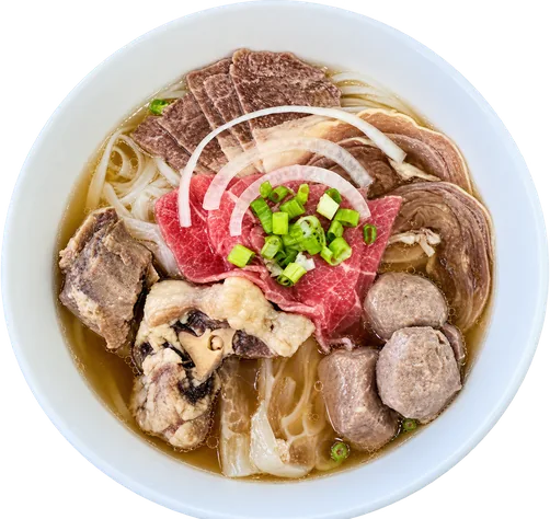 Phở 29 combo bowl with oxtail, beef, noodles and fresh herbs