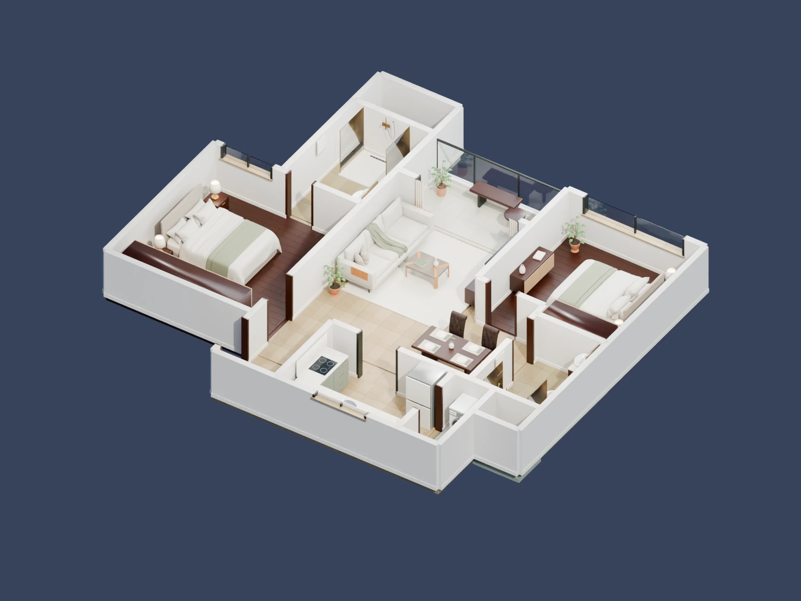 Cutaway 3D overview of the complete flat