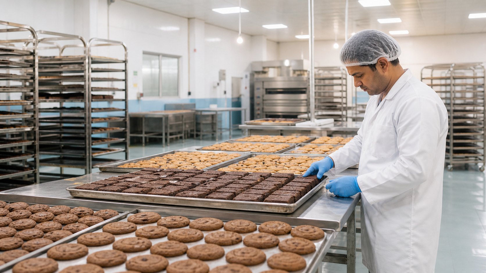 Professional bakery worker checking large trays of brownies and cookies