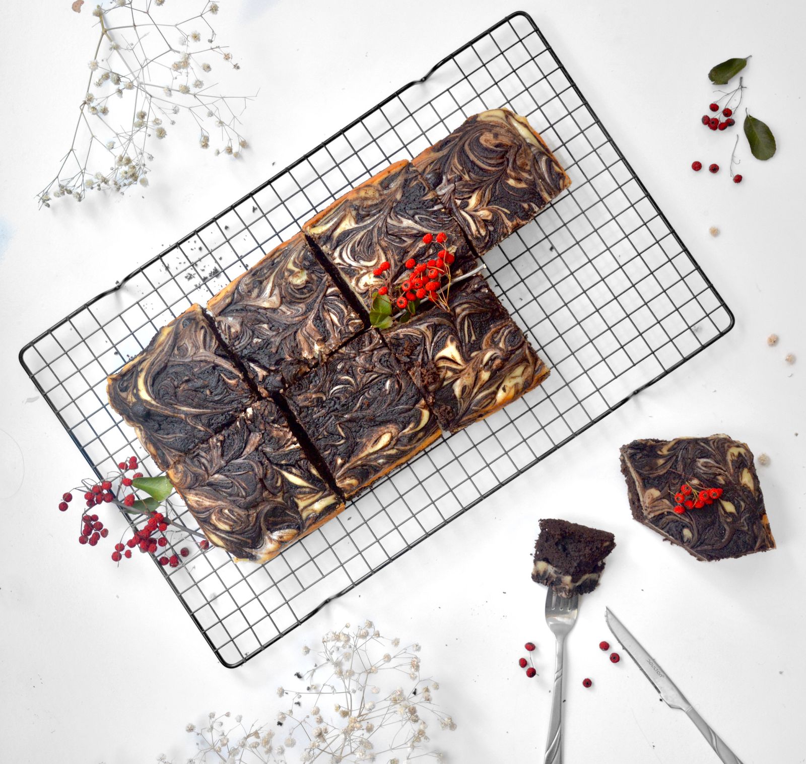Chocolate brownies cut into consistent squares