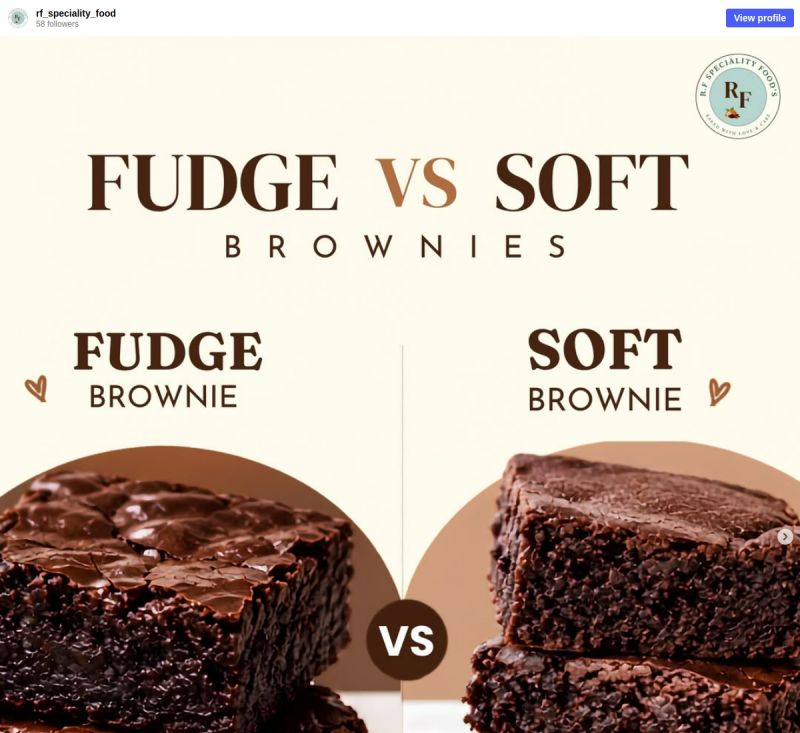 RF Speciality Foods Instagram comparison of fudge and soft brownies