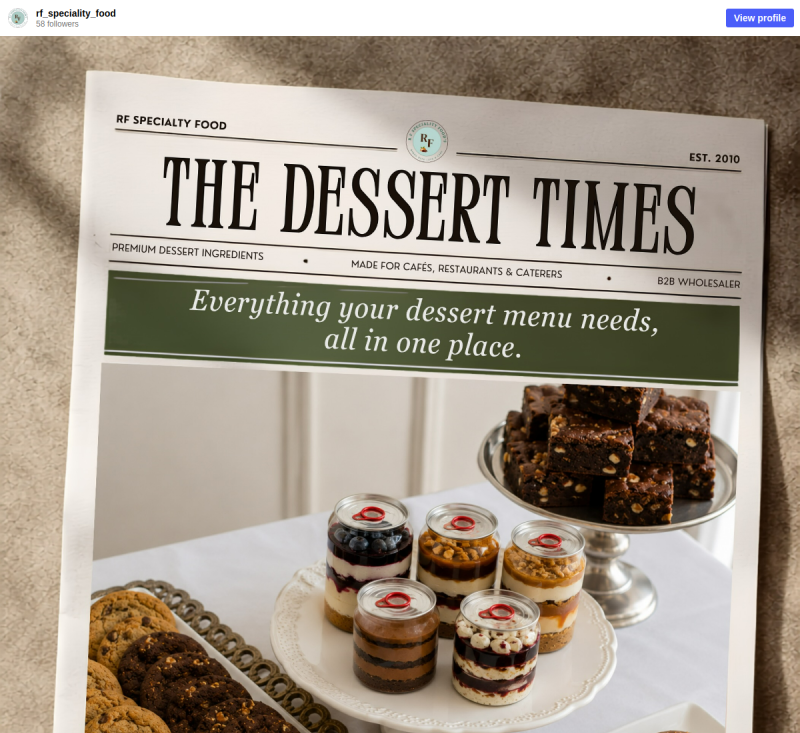 RF Speciality Foods Instagram post showing The Dessert Times and its wholesale dessert range