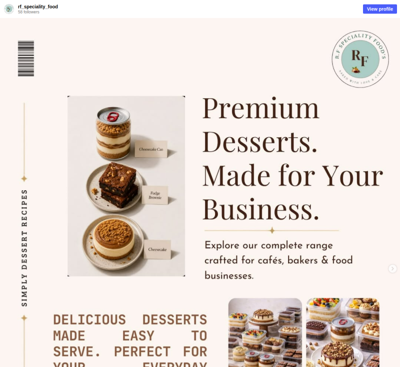 RF Speciality Foods Instagram post presenting premium desserts for businesses