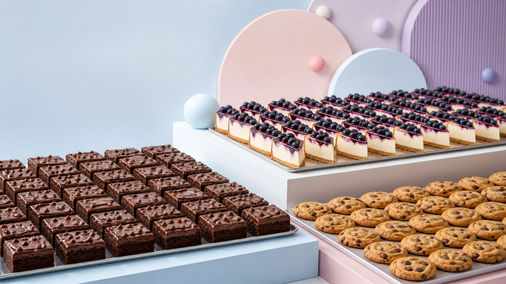 Wholesale brownies, cheesecake slices and cookies in a soft pastel studio