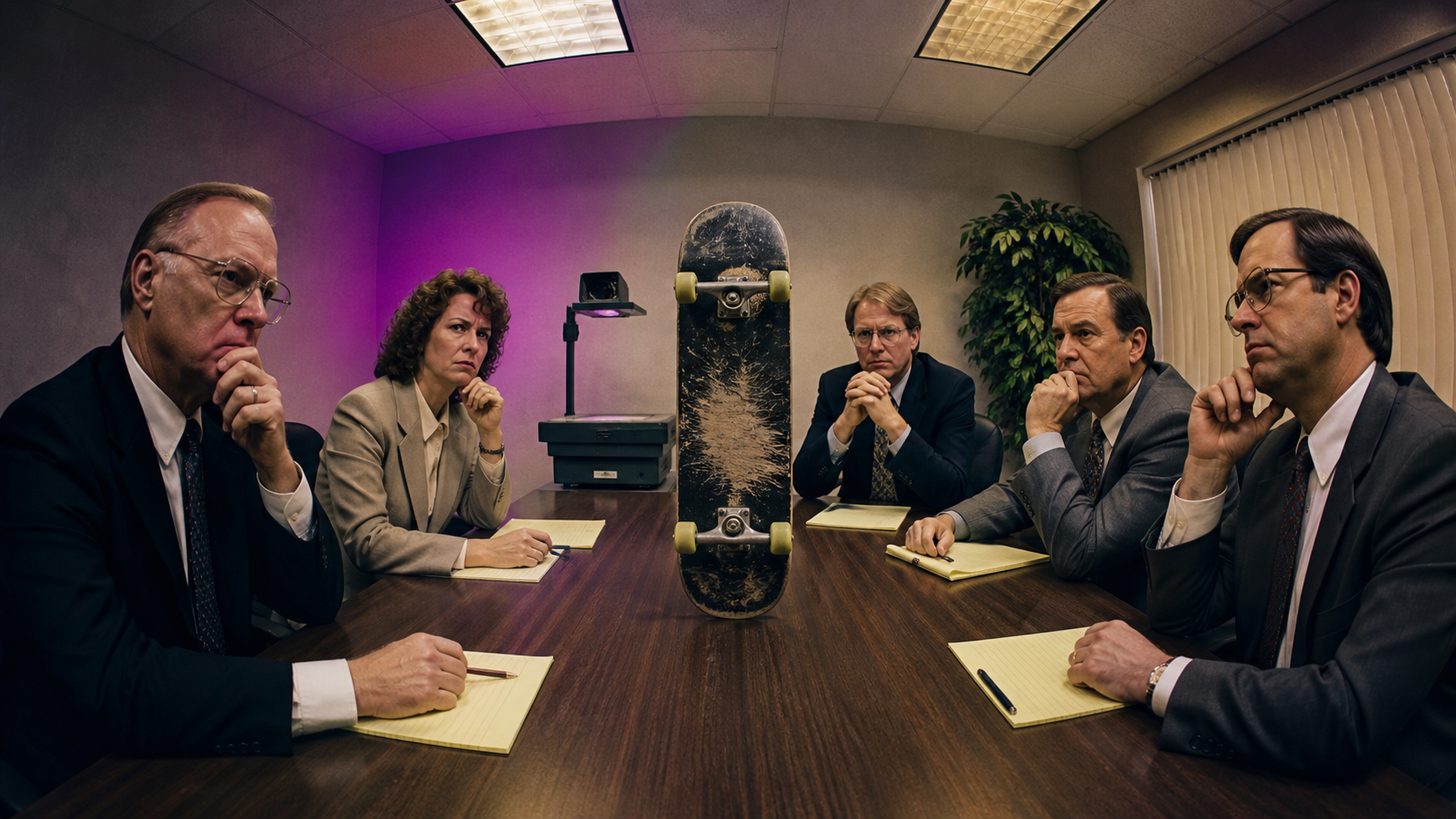 A serious office board meeting centered on a skateboard