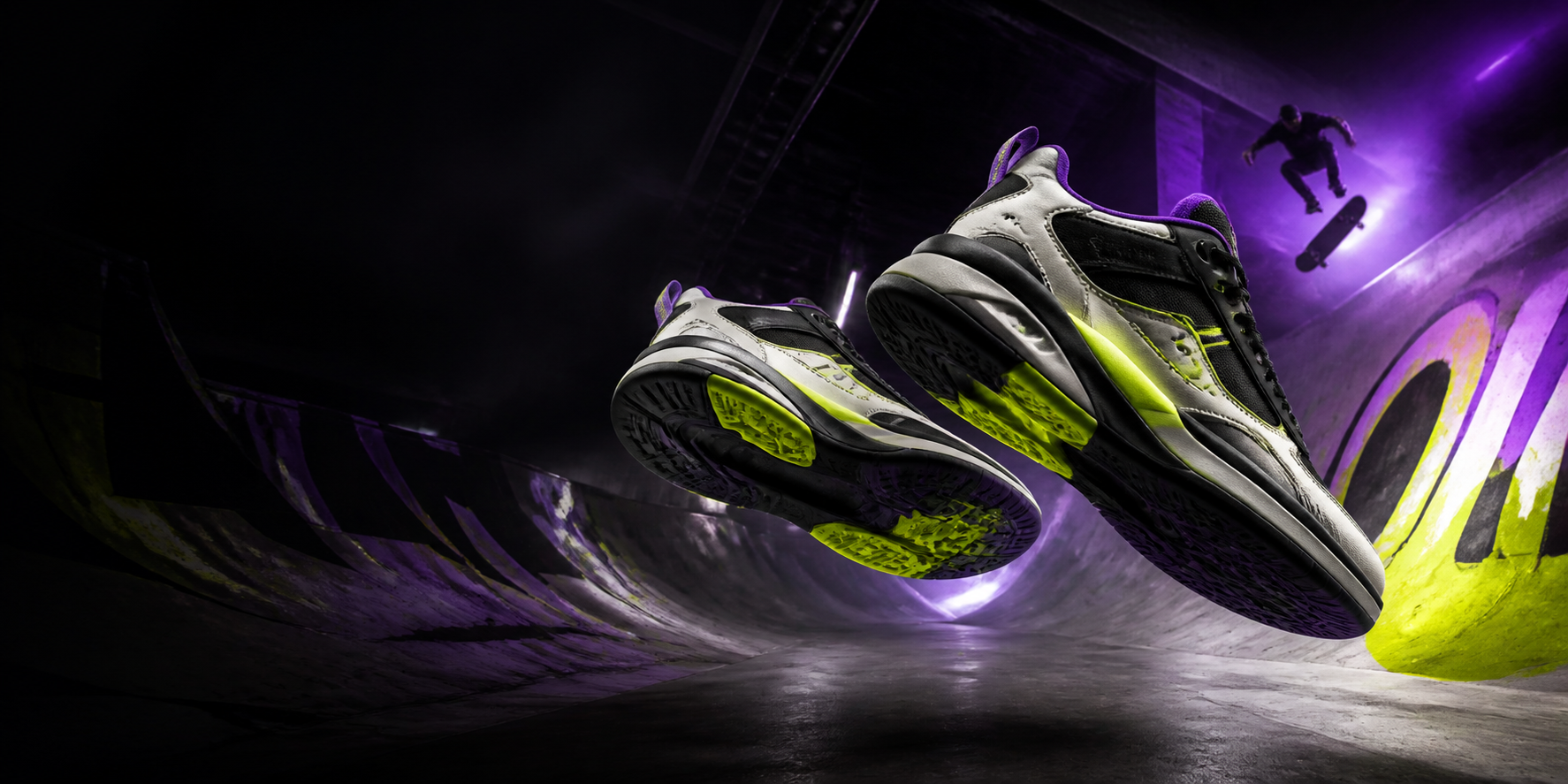 Skate shoes suspended above a violet-lit concrete bowl
