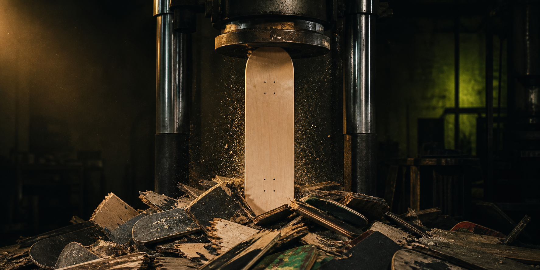 A new maple skateboard deck made from a pile of broken decks