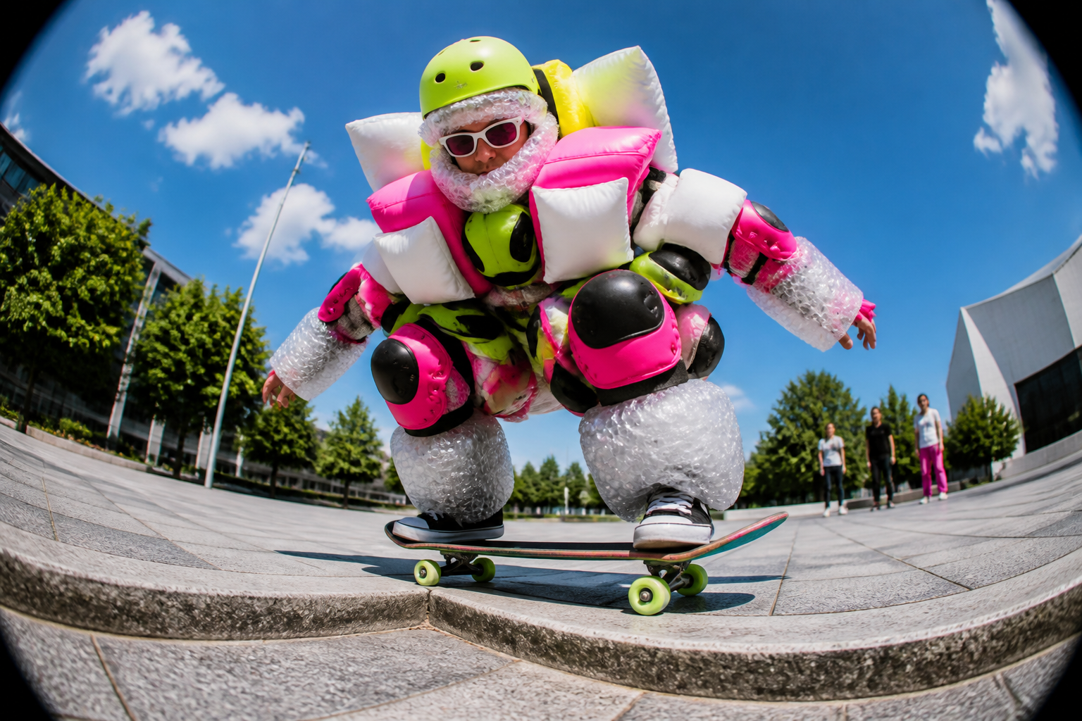 Overprotected skateboarder approaching a tiny curb